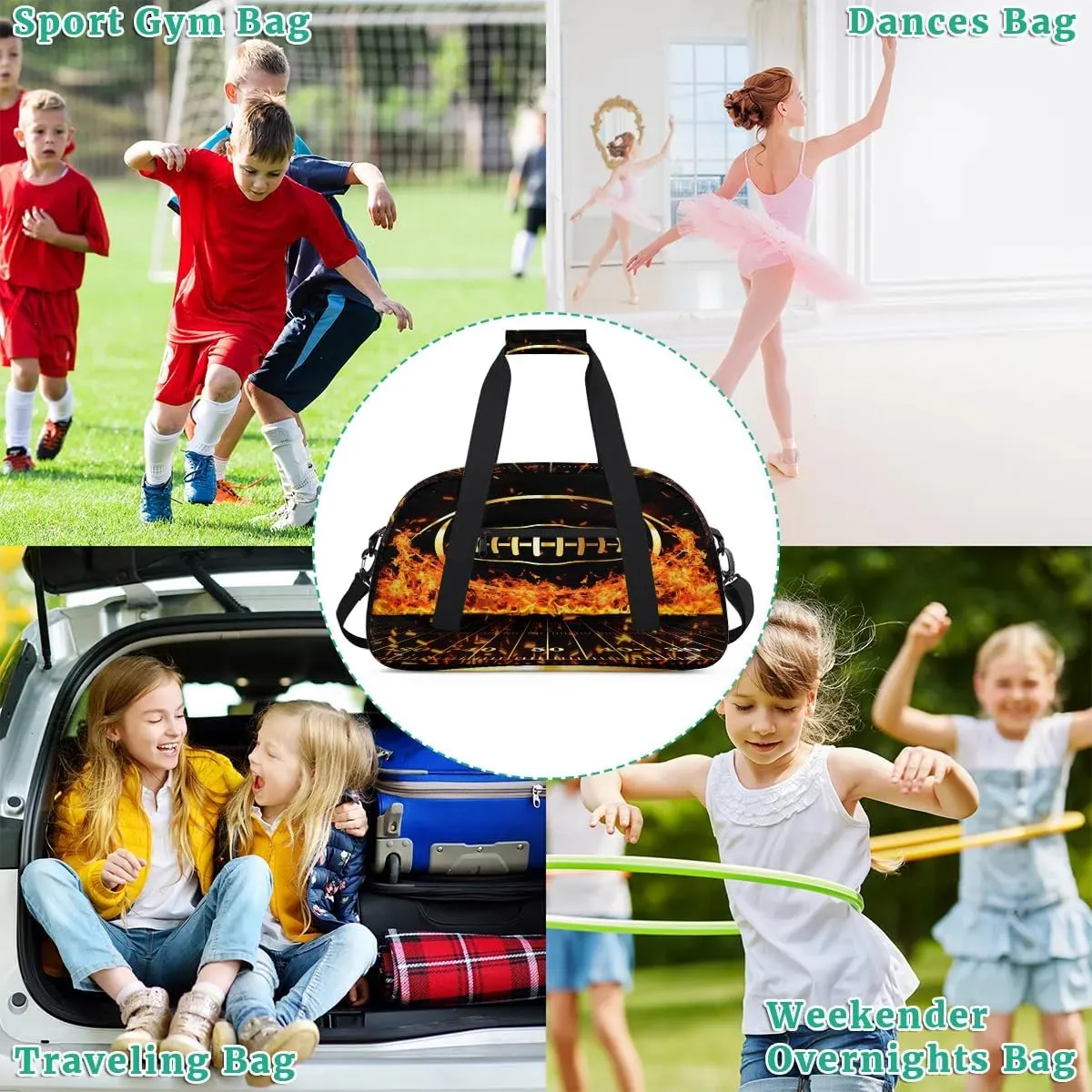 Fire Football Kids Overnighter Duffel Bags for Boys Girls, Carry-On Size Sports Gym Bag for School Practice or Overnight Travel Weekender Sleepover Workout Tote Bag