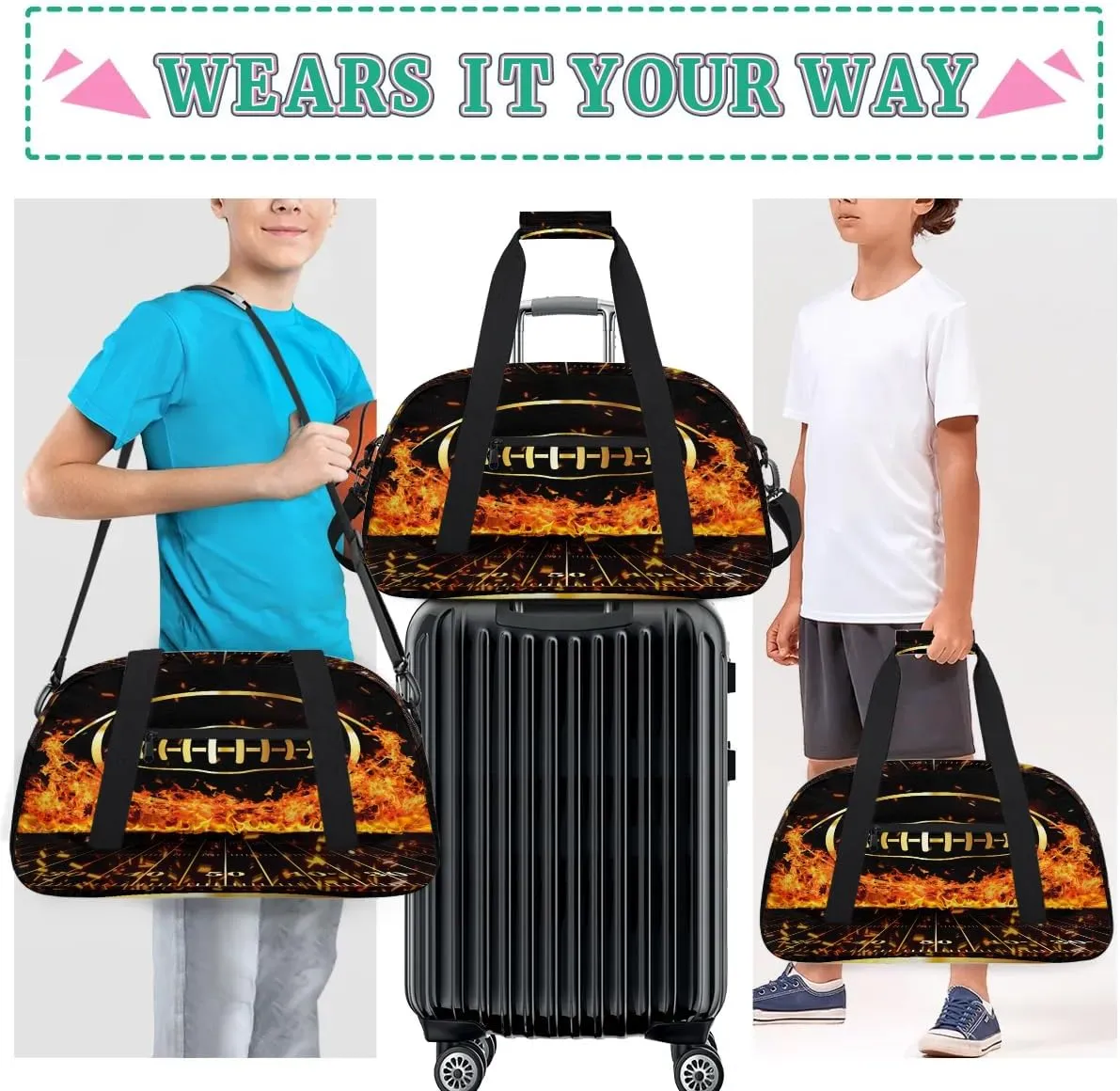 Fire Football Kids Overnighter Duffel Bags for Boys Girls, Carry-On Size Sports Gym Bag for School Practice or Overnight Travel Weekender Sleepover Workout Tote Bag
