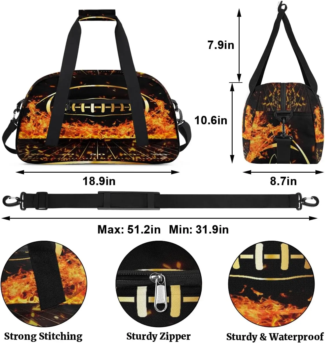 Fire Football Kids Overnighter Duffel Bags for Boys Girls, Carry-On Size Sports Gym Bag for School Practice or Overnight Travel Weekender Sleepover Workout Tote Bag