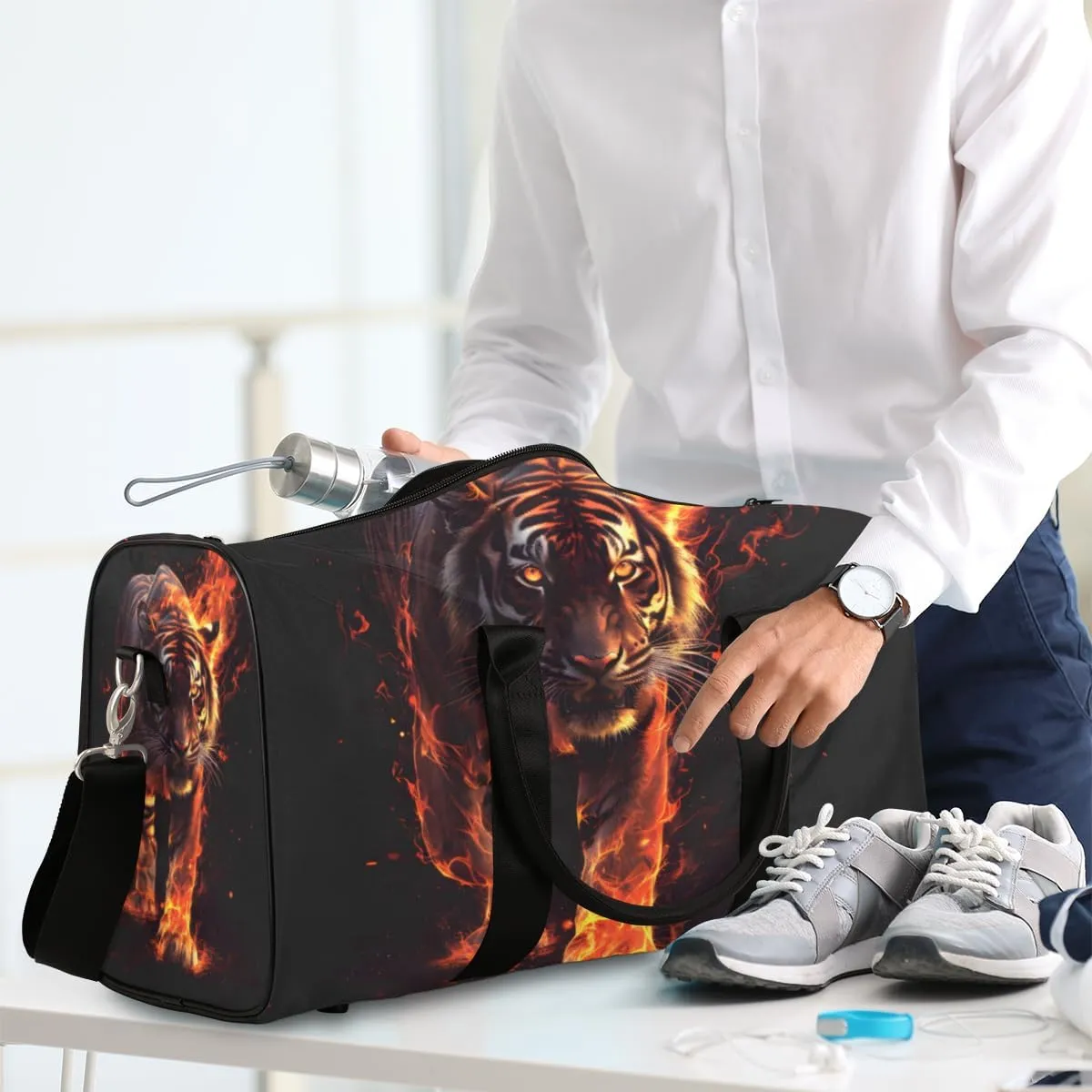 Fire Tiger Travel Duffle Bag for Women Men Gym Duffel Foldable Bag Waterproof Weekender Wild Animal Theme Duffle Tote