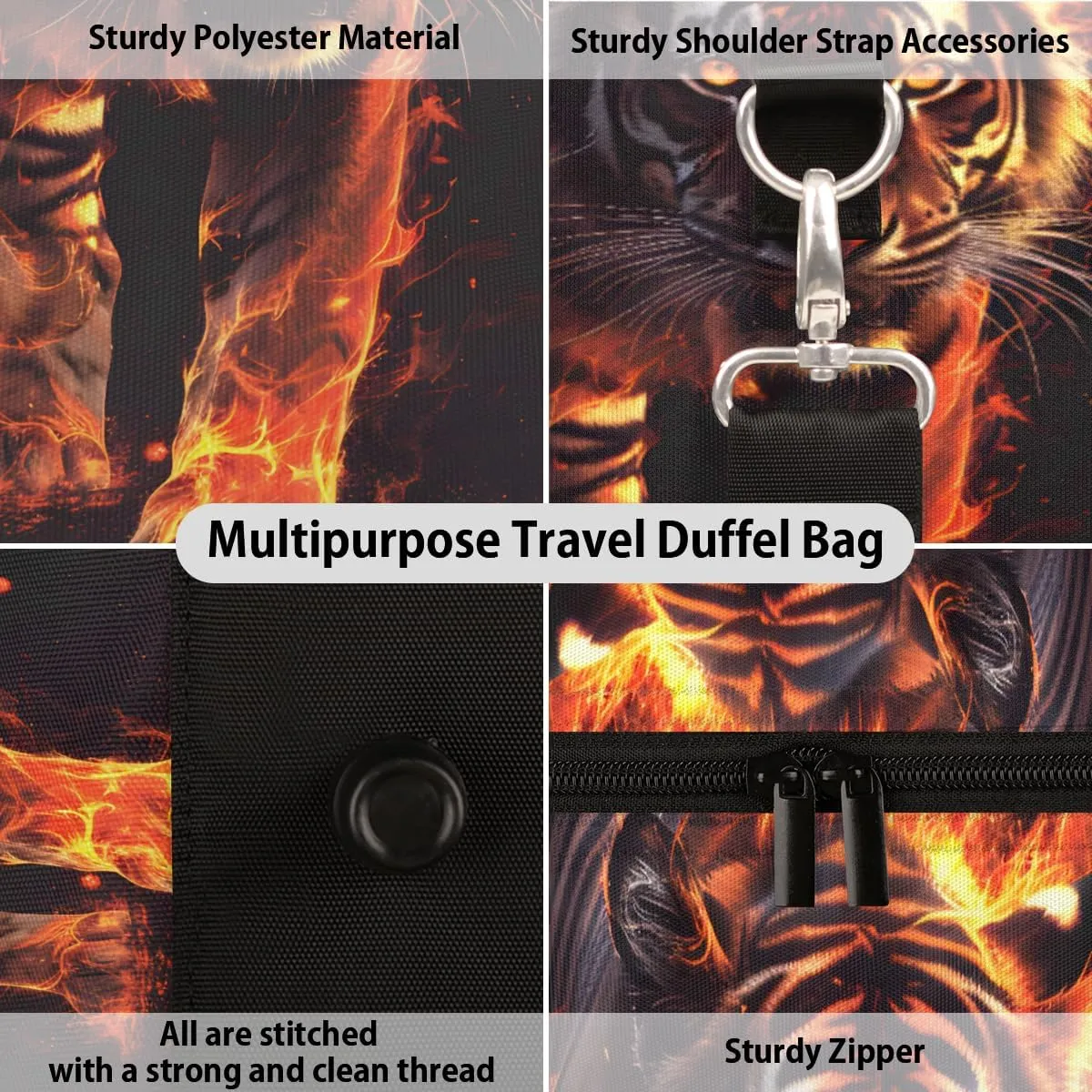 Fire Tiger Travel Duffle Bag for Women Men Gym Duffel Foldable Bag Waterproof Weekender Wild Animal Theme Duffle Tote