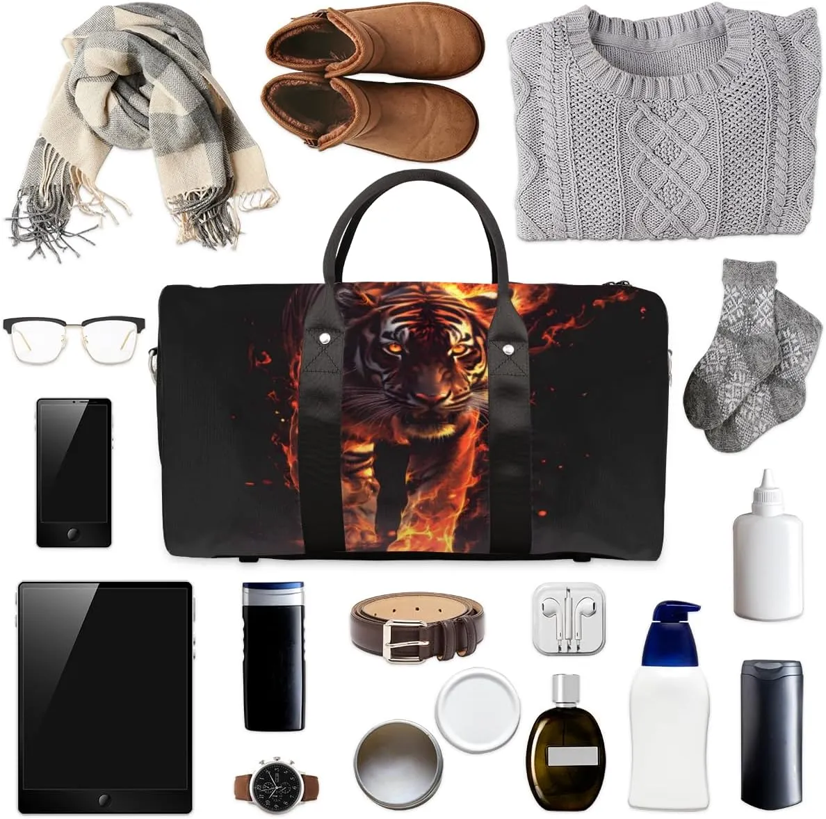 Fire Tiger Travel Duffle Bag for Women Men Gym Duffel Foldable Bag Waterproof Weekender Wild Animal Theme Duffle Tote