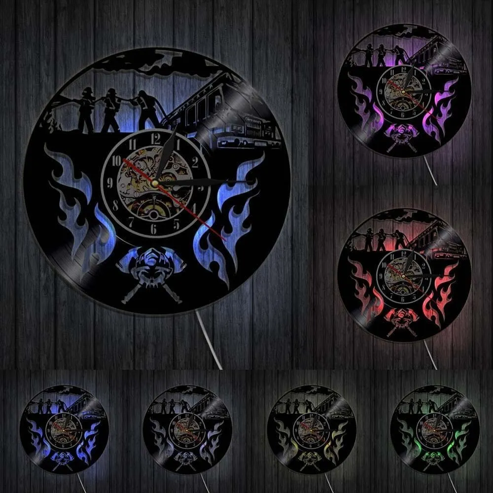 Firefighting Rescue Helmet Axes Crossed Wall Art Wall Clock Fireman Fighting Vinyl Record Wall Clock Firemen Retirement Gift with LED