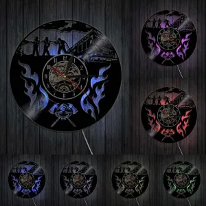 Firefighting Rescue Helmet Axes Crossed Wall Art Wall Clock Fireman Fighting Vinyl Record Wall Clock Firemen Retirement Gift with LED