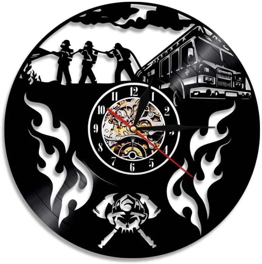 Firefighting Rescue Helmet Axes Crossed Wall Art Wall Clock Fireman Fighting Vinyl Record Wall Clock Firemen Retirement Gift Without LED, Black