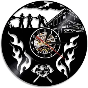 Firefighting Rescue Helmet Axes Crossed Wall Art Wall Clock Fireman Fighting Vinyl Record Wall Clock Firemen Retirement Gift Without LED, Black