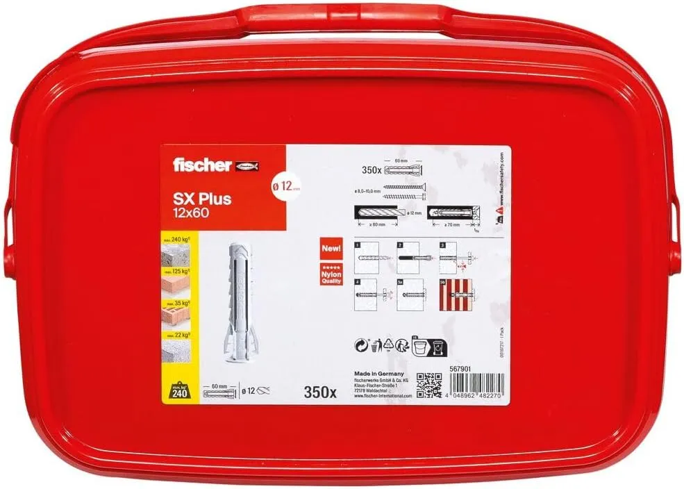 fischer 567901 Expansion SX Plus 12 x 60, Practical Bucket with 350 Nylon, dowels for Optimal Hold When Fixing, Solid, aerated Concrete, Perforated Bricks and Much, Gray