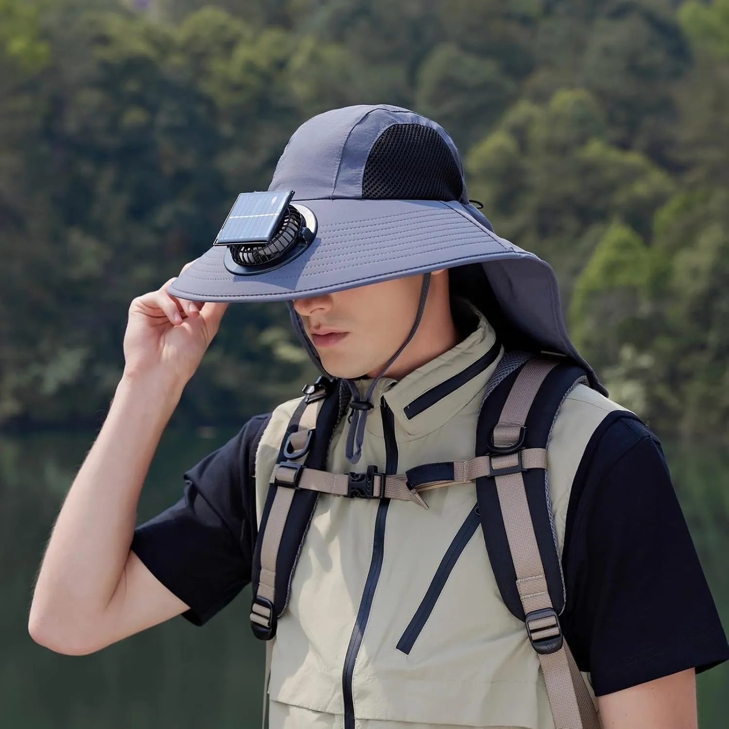 Fishing Cap Men Solar Fan Bucket Hat for Men Women UPF50  Sun Wide Brim Outdoor Sports Summer Fishing Hat Party