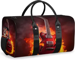Flame Guitar Travel Duffle Bag for Women Men Gym Duffel Foldable Bag Waterproof Weekender Burning Musical Duffle Tote