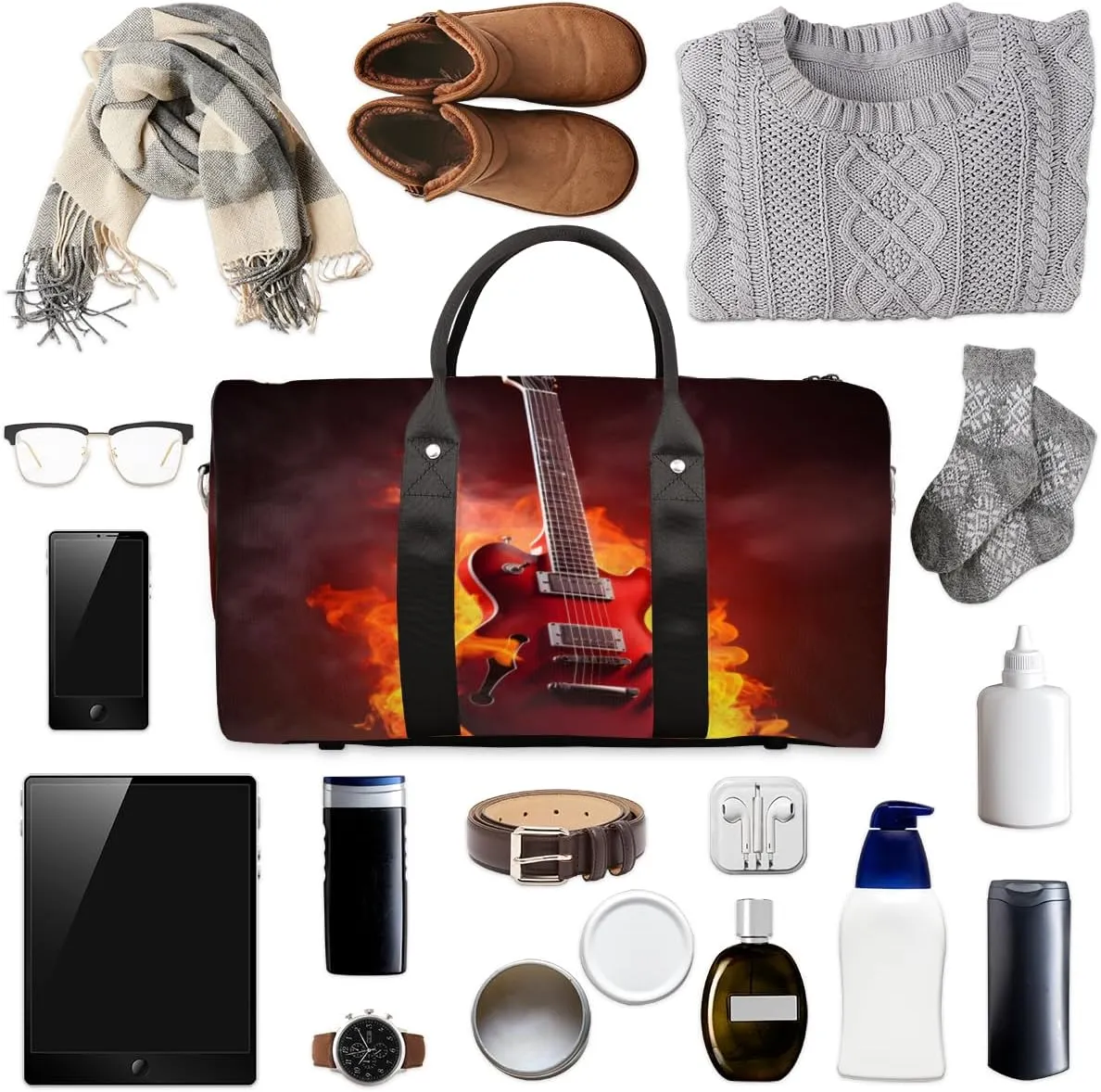Flame Guitar Travel Duffle Bag for Women Men Gym Duffel Foldable Bag Waterproof Weekender Burning Musical Duffle Tote