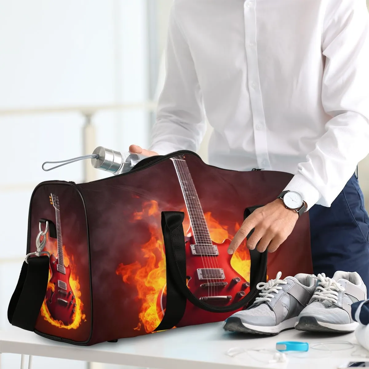 Flame Guitar Travel Duffle Bag for Women Men Gym Duffel Foldable Bag Waterproof Weekender Burning Musical Duffle Tote
