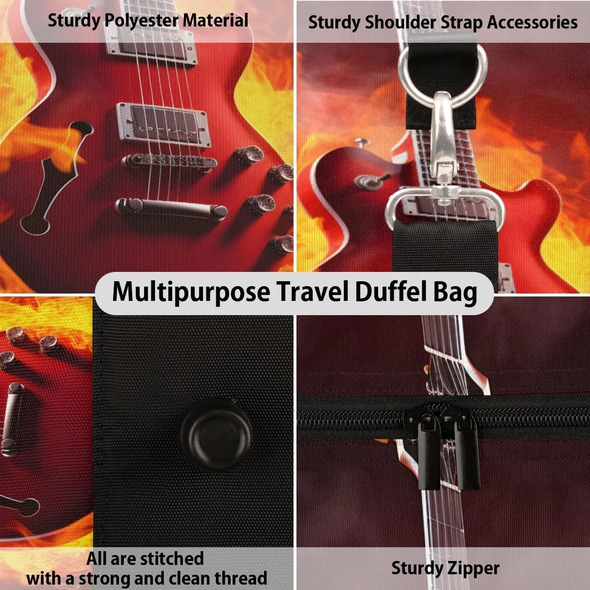 Flame Guitar Travel Duffle Bag for Women Men Gym Duffel Foldable Bag Waterproof Weekender Burning Musical Duffle Tote
