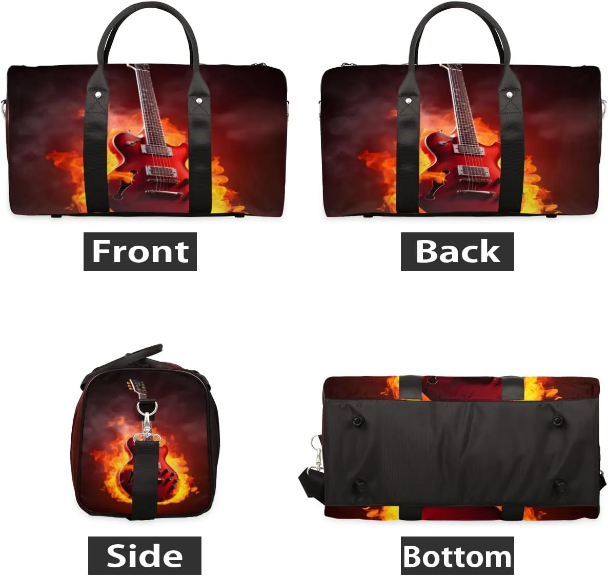 Flame Guitar Travel Duffle Bag for Women Men Gym Duffel Foldable Bag Waterproof Weekender Burning Musical Duffle Tote