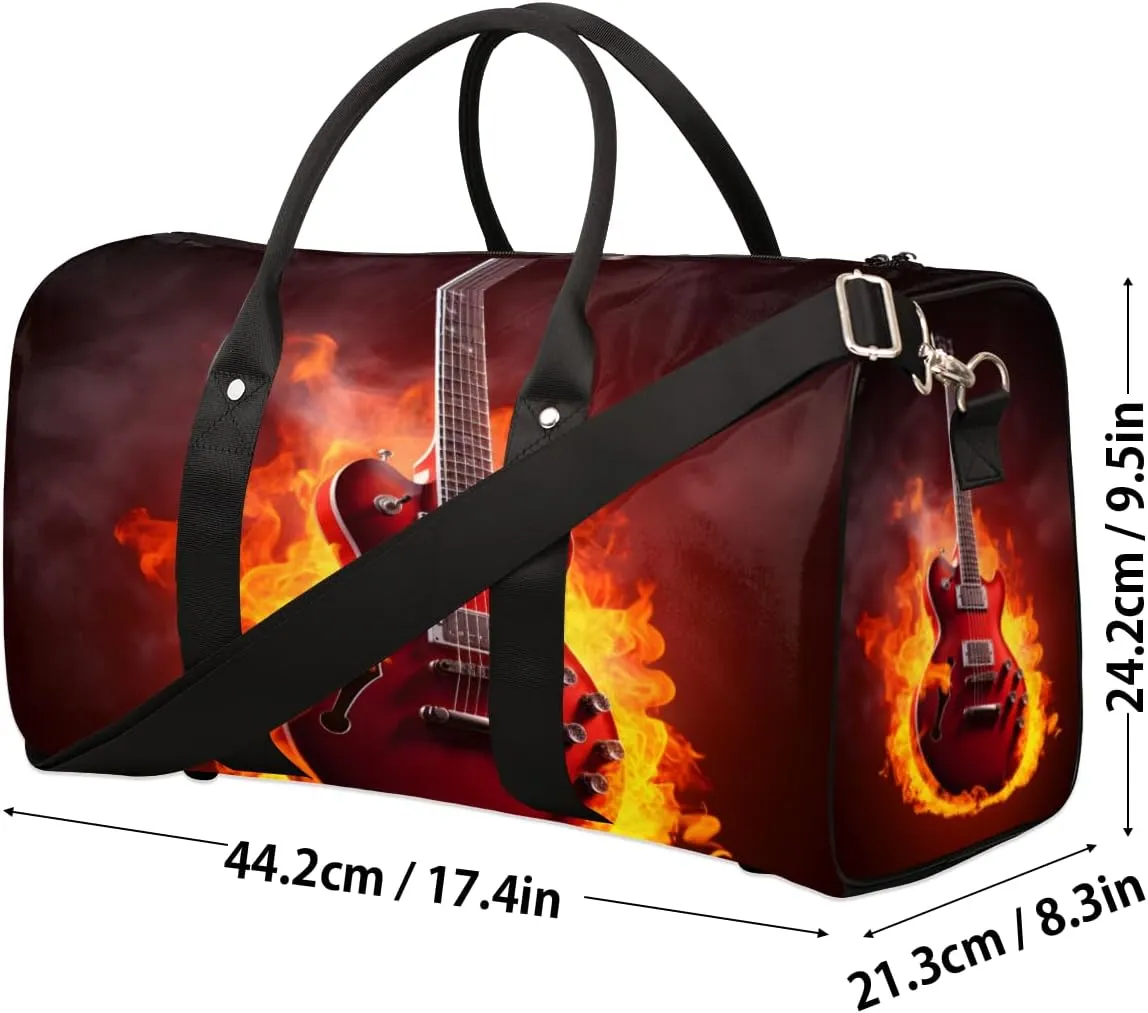 Flame Guitar Travel Duffle Bag for Women Men Gym Duffel Foldable Bag Waterproof Weekender Burning Musical Duffle Tote