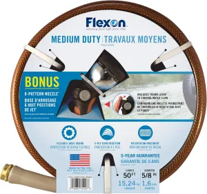 Flexon 5/8" x 50ft Medium Duty Garden Hose with 8 Pattern Spray Nozzle
