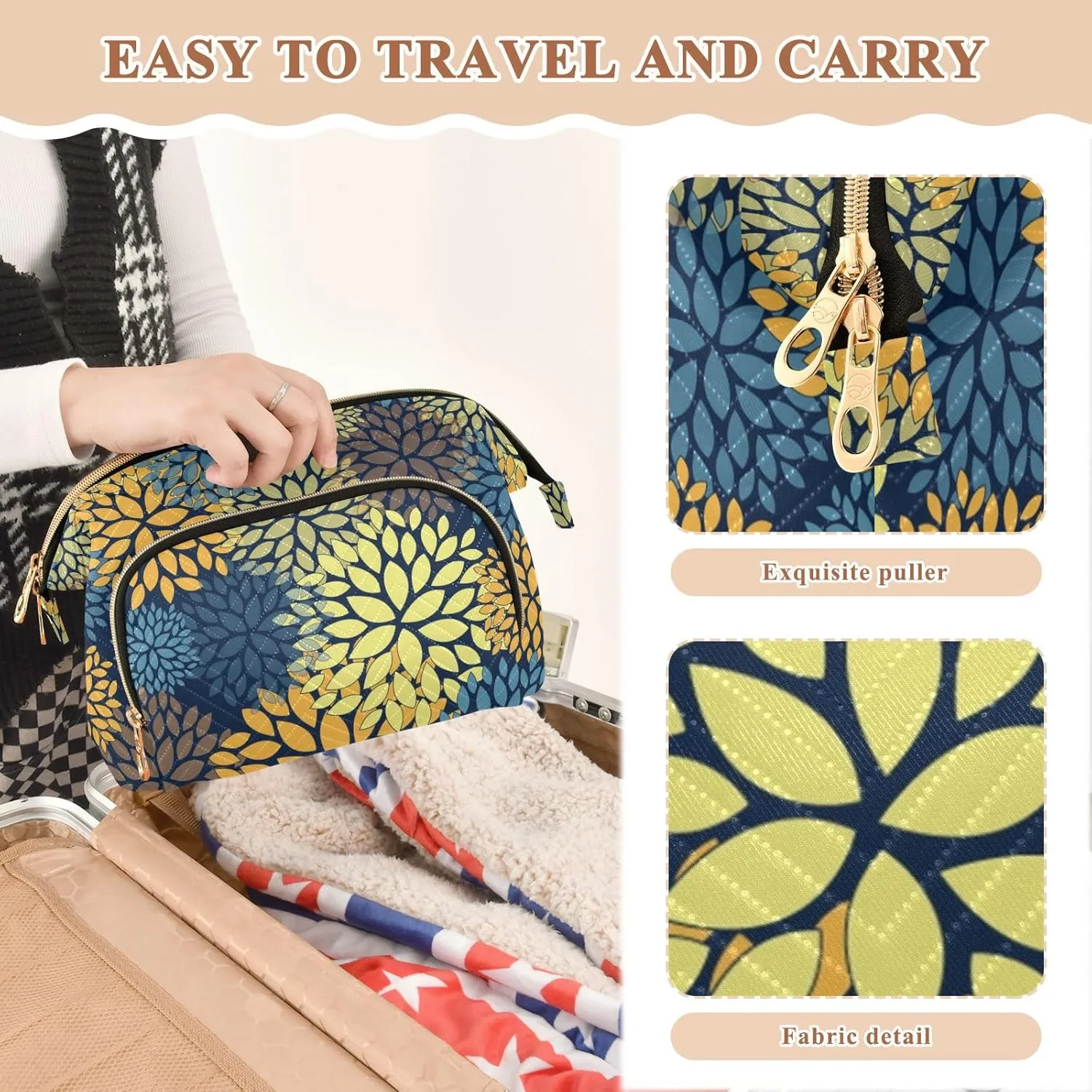 Floral Abstract Seamless with Yellow Blue Orange Brown Flowers Women Cosmetic Bag Makeup Bag Stylish Trip Beauty Bag Travel Toiletry Bag with Bottle Organizer 10.2 x 5.9 x 6.7 inch
