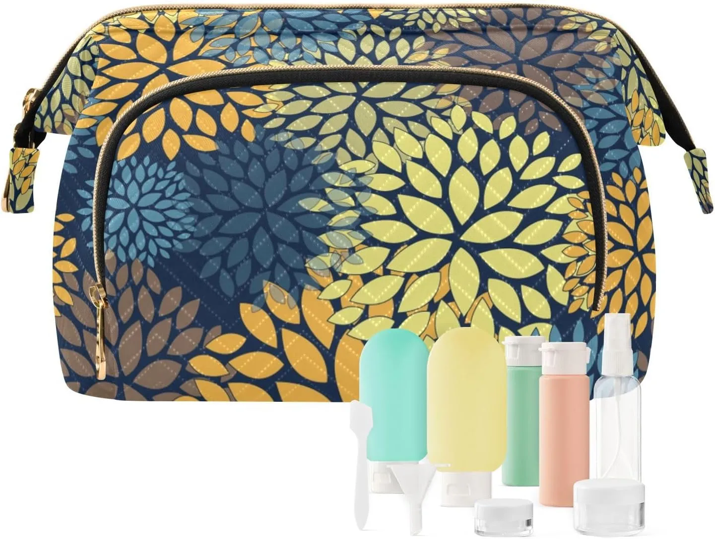 Floral Abstract Seamless with Yellow Blue Orange Brown Flowers Women Cosmetic Bag Makeup Bag Stylish Trip Beauty Bag Travel Toiletry Bag with Bottle Organizer 10.2 x 5.9 x 6.7 inch