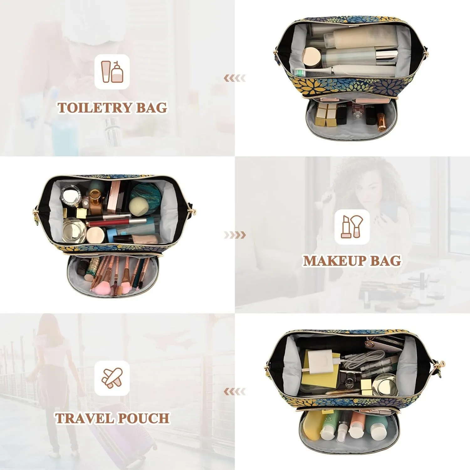 Floral Abstract Seamless with Yellow Blue Orange Brown Flowers Women Cosmetic Bag Makeup Bag Stylish Trip Beauty Bag Travel Toiletry Bag with Bottle Organizer 10.2 x 5.9 x 6.7 inch