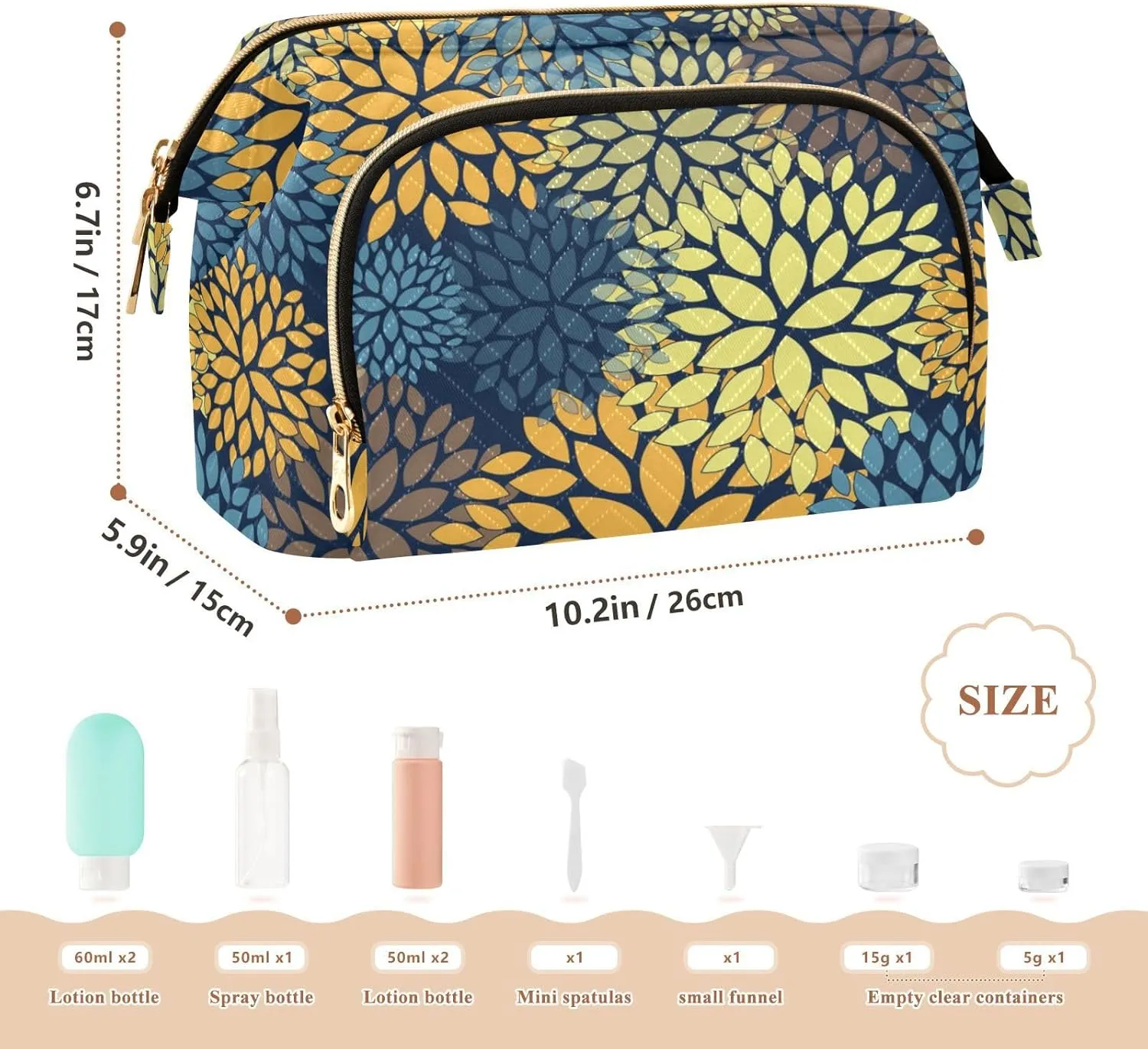 Floral Abstract Seamless with Yellow Blue Orange Brown Flowers Women Cosmetic Bag Makeup Bag Stylish Trip Beauty Bag Travel Toiletry Bag with Bottle Organizer 10.2 x 5.9 x 6.7 inch
