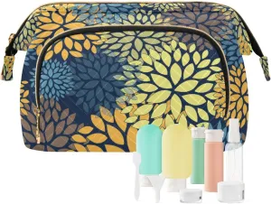 Floral Abstract Seamless with Yellow Blue Orange Brown Flowers Women Cosmetic Bag Makeup Bag Stylish Trip Beauty Bag Travel Toiletry Bag with Bottle Organizer 10.2 x 5.9 x 6.7 inch