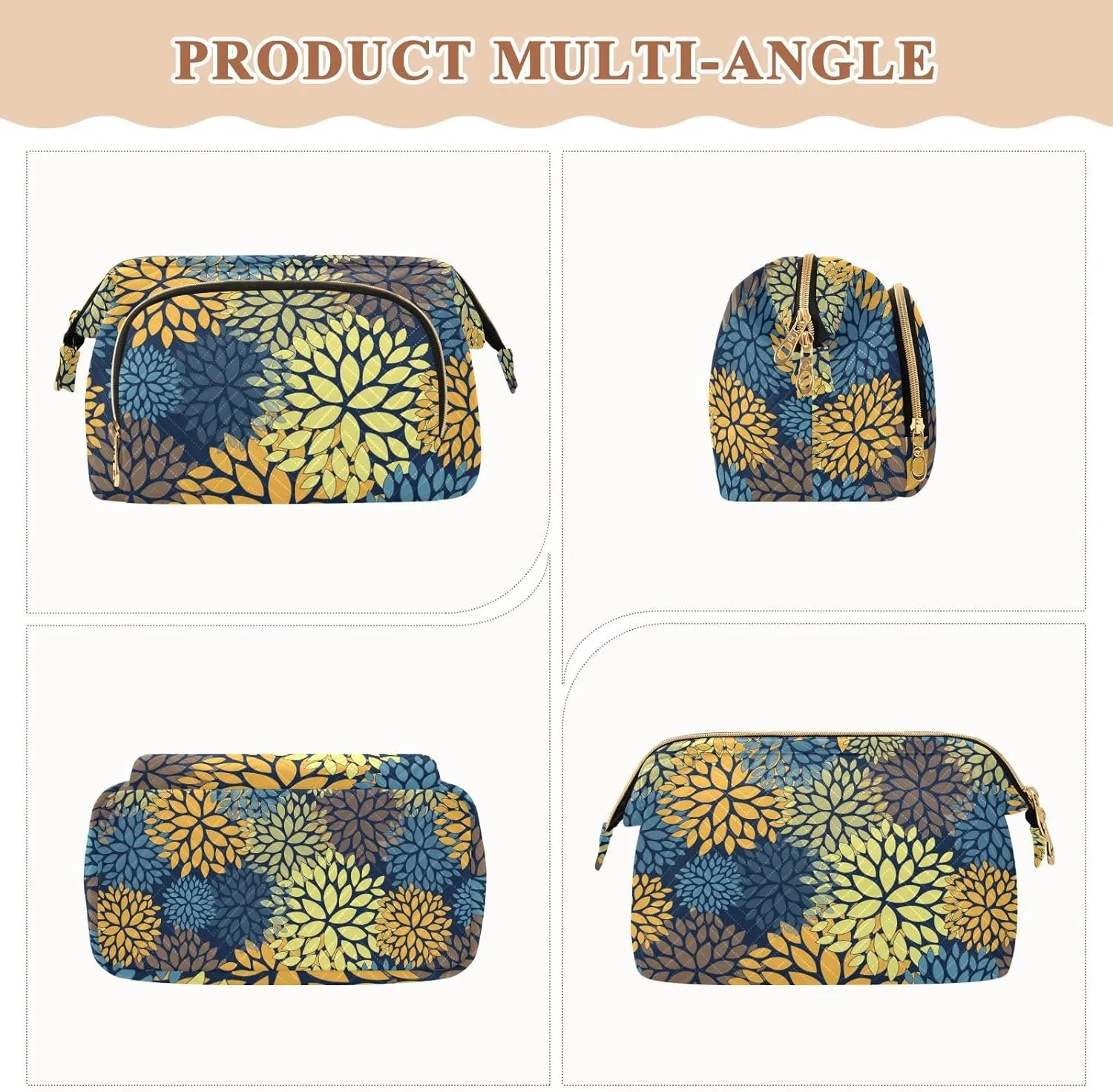 Floral Abstract Seamless with Yellow Blue Orange Brown Flowers Women Cosmetic Bag Makeup Bag Stylish Trip Beauty Bag Travel Toiletry Bag with Bottle Organizer 10.2 x 5.9 x 6.7 inch