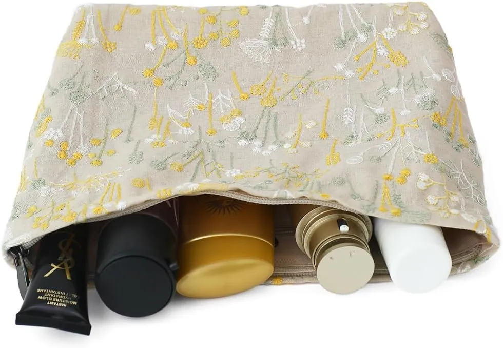 Floral Cotton Embroidered Makeup Bag - Large Capacity Cosmetic Pouch for Travel, Makeup Organizer & Toiletry Bag with Zipper, Perfect for Daily Use & Gifts