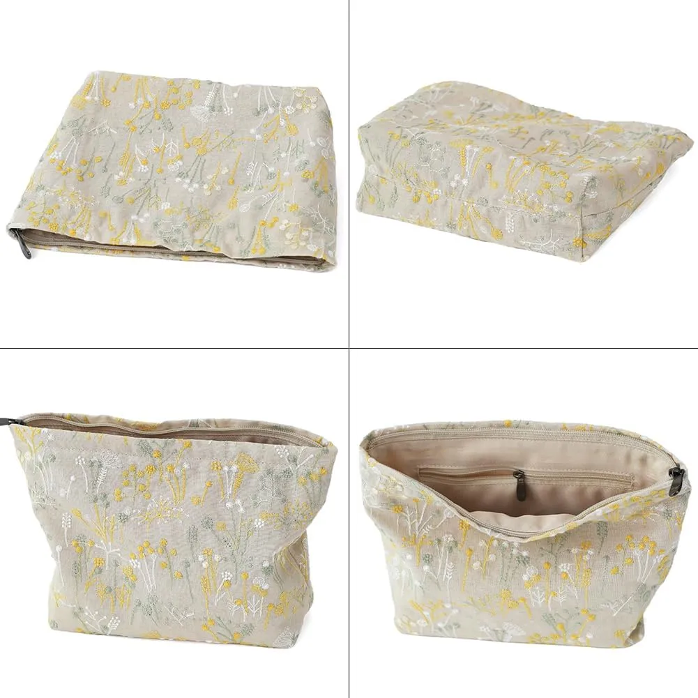 Floral Cotton Embroidered Makeup Bag - Large Capacity Cosmetic Pouch for Travel, Makeup Organizer & Toiletry Bag with Zipper, Perfect for Daily Use & Gifts