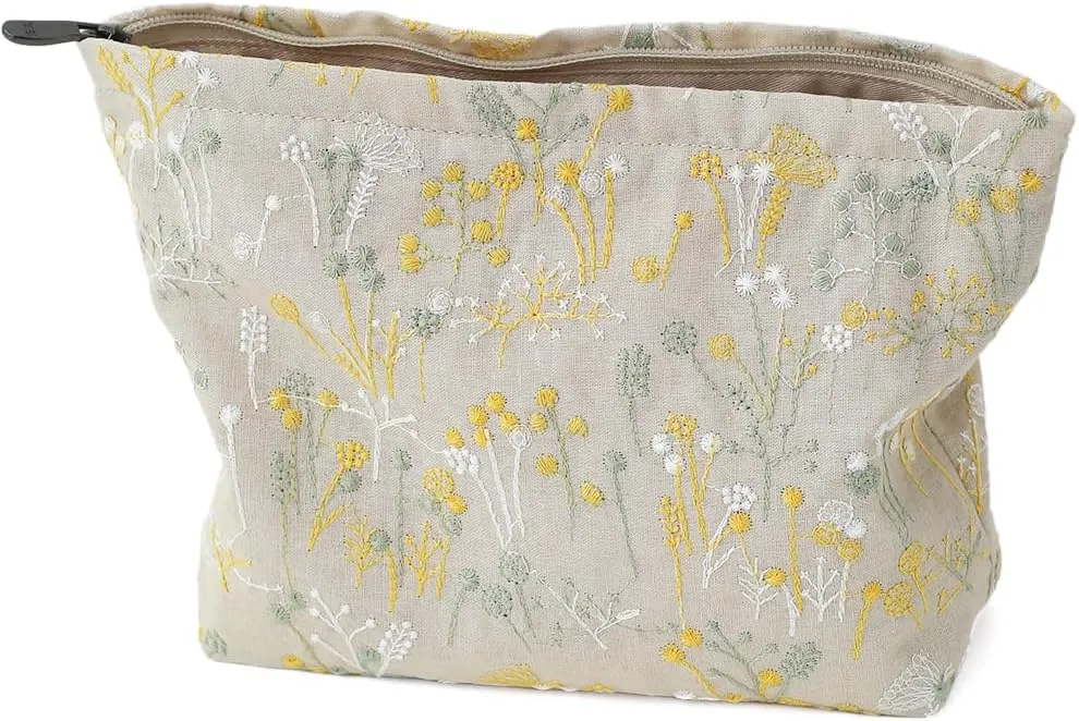 Floral Cotton Embroidered Makeup Bag - Large Capacity Cosmetic Pouch for Travel, Makeup Organizer & Toiletry Bag with Zipper, Perfect for Daily Use & Gifts