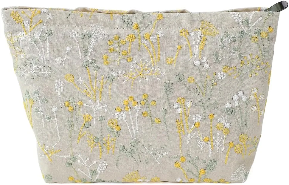Floral Cotton Embroidered Makeup Bag - Large Capacity Cosmetic Pouch for Travel, Makeup Organizer & Toiletry Bag with Zipper, Perfect for Daily Use & Gifts