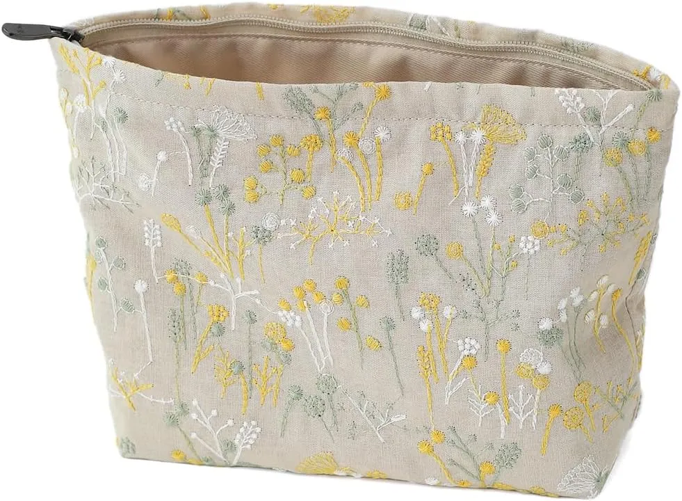 Floral Cotton Embroidered Makeup Bag - Large Capacity Cosmetic Pouch for Travel, Makeup Organizer & Toiletry Bag with Zipper, Perfect for Daily Use & Gifts