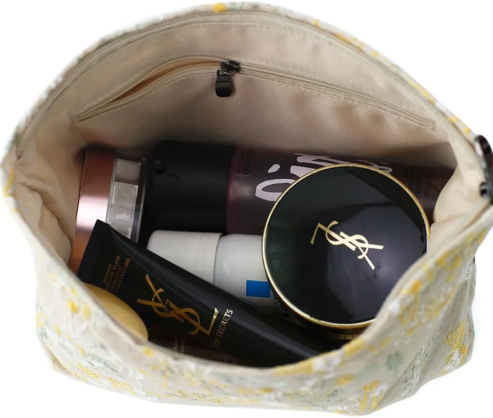 Floral Cotton Embroidered Makeup Bag - Large Capacity Cosmetic Pouch for Travel, Makeup Organizer & Toiletry Bag with Zipper, Perfect for Daily Use & Gifts