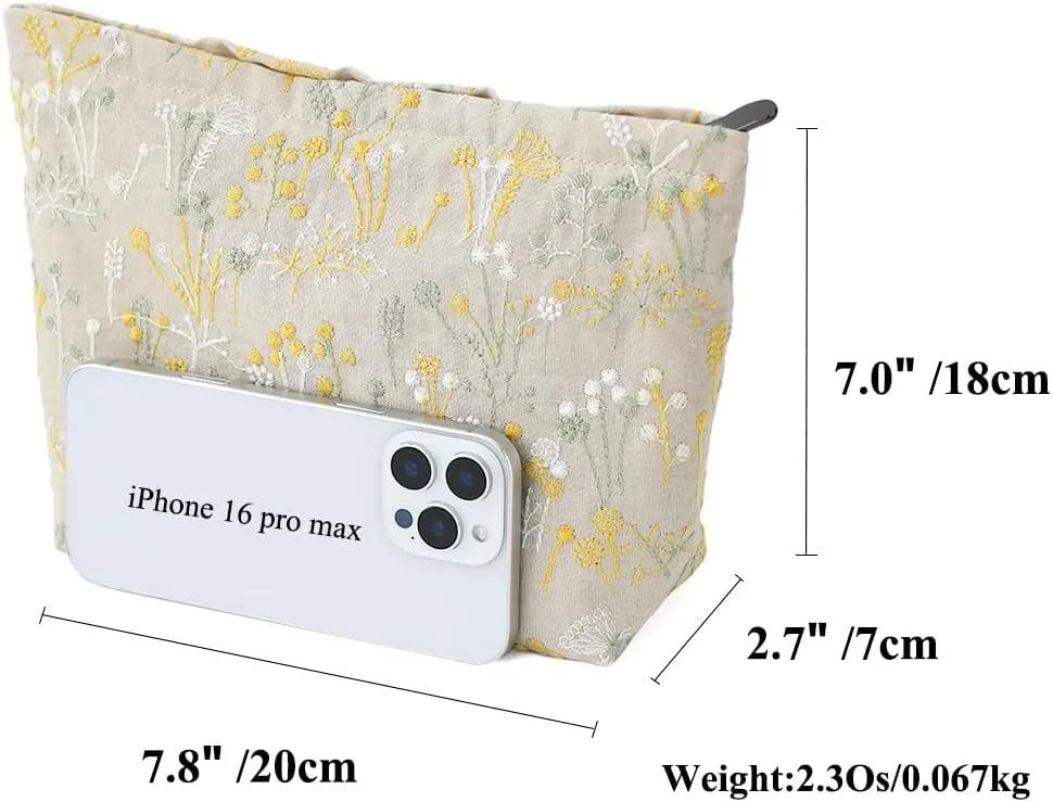 Floral Cotton Embroidered Makeup Bag - Large Capacity Cosmetic Pouch for Travel, Makeup Organizer & Toiletry Bag with Zipper, Perfect for Daily Use & Gifts