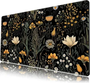 Floral Desk Mat Black Vintage Aesthetic Desk Pad Large Gaming Flower Mouse Pad XXL Plant Wildflower Mousepad Extended Laptop Computer Mouse Keyboard Mat 31.5 x 15.7 in for Office Desk Decor