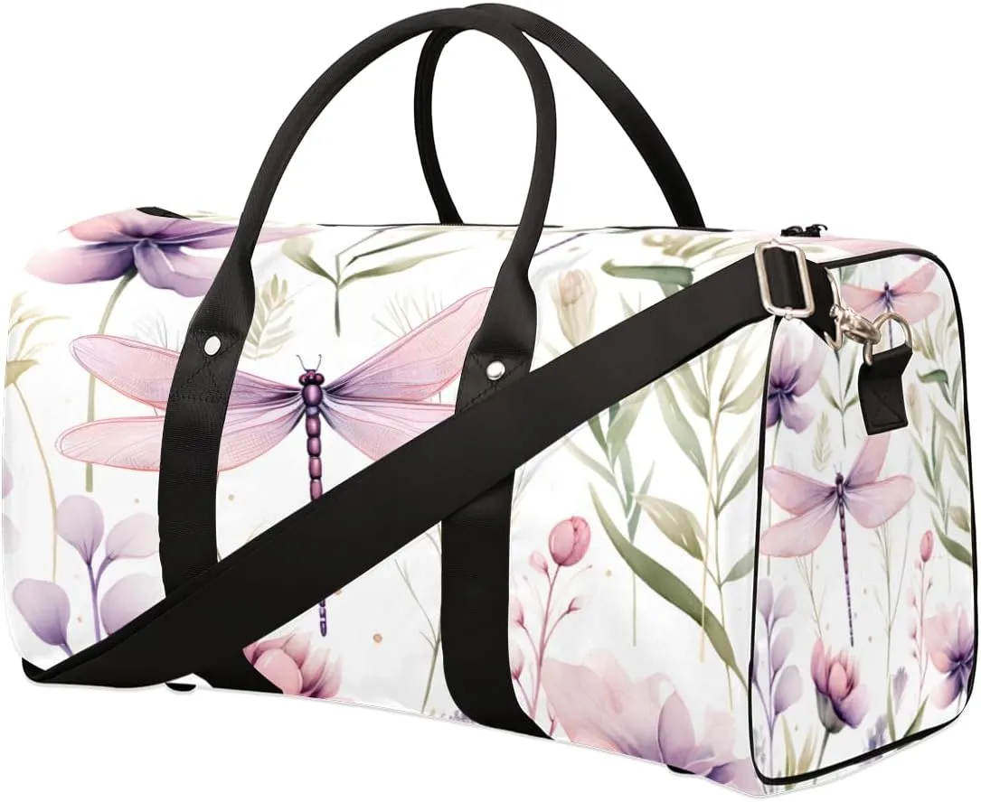 Floral Dragonfly Travel Duffle Bag for Women Men Gym Duffel Foldable Bag Waterproof Weekender Retro Flower Leaf Duffle Tote