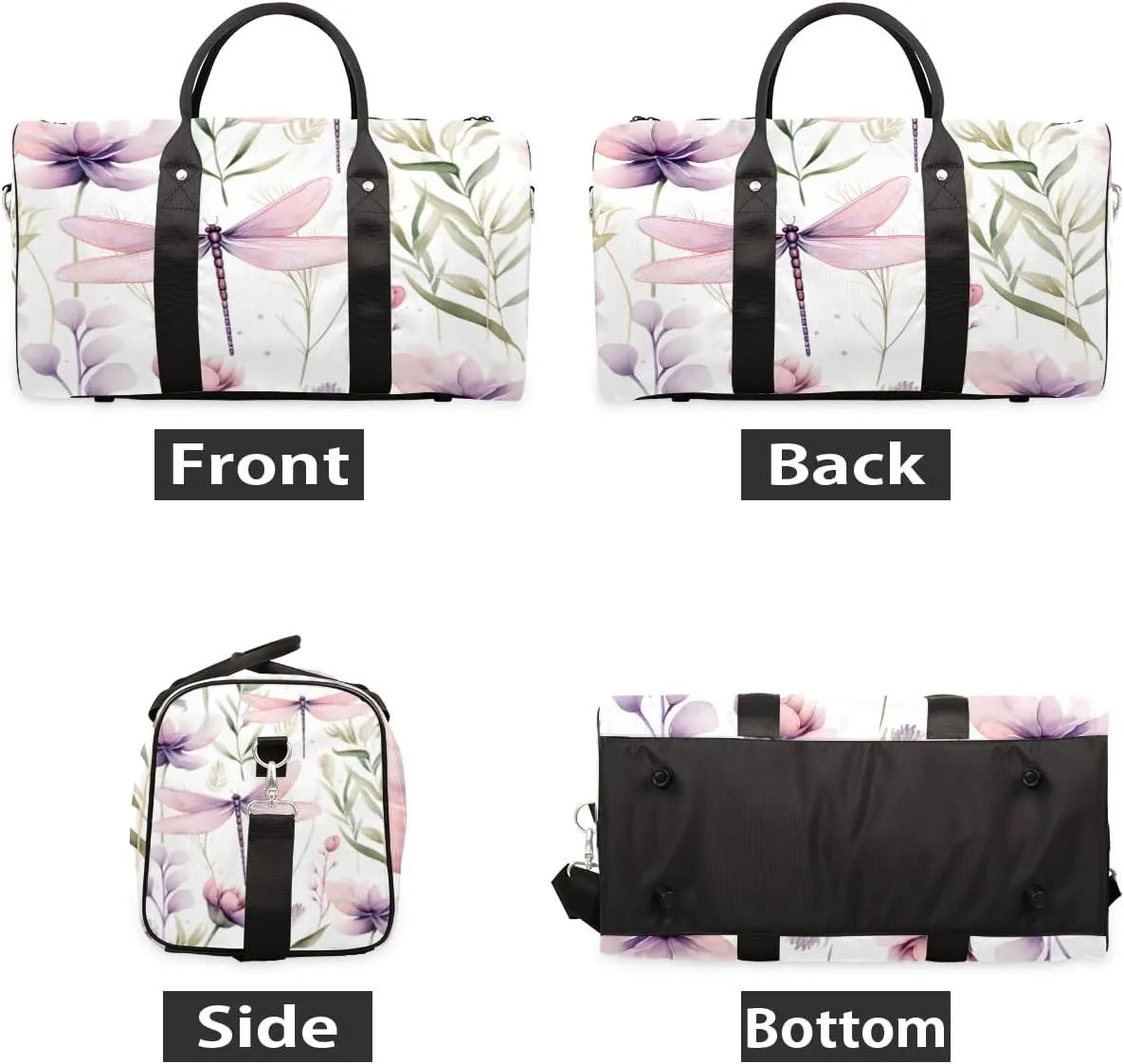 Floral Dragonfly Travel Duffle Bag for Women Men Gym Duffel Foldable Bag Waterproof Weekender Retro Flower Leaf Duffle Tote