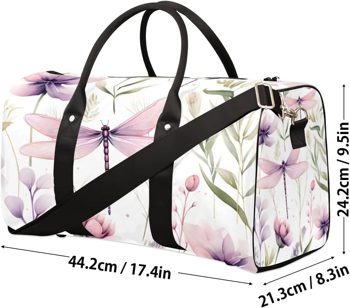 Floral Dragonfly Travel Duffle Bag for Women Men Gym Duffel Foldable Bag Waterproof Weekender Retro Flower Leaf Duffle Tote