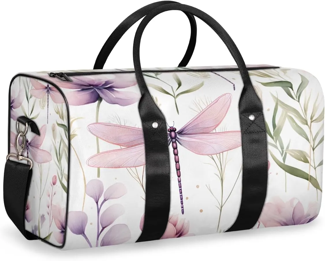 Floral Dragonfly Travel Duffle Bag for Women Men Gym Duffel Foldable Bag Waterproof Weekender Retro Flower Leaf Duffle Tote