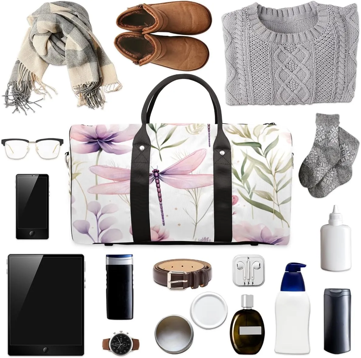 Floral Dragonfly Travel Duffle Bag for Women Men Gym Duffel Foldable Bag Waterproof Weekender Retro Flower Leaf Duffle Tote