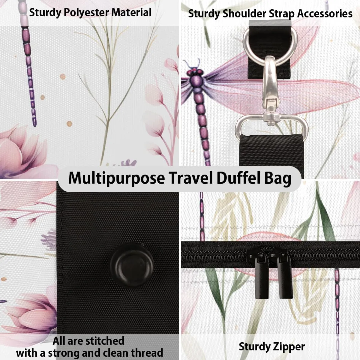 Floral Dragonfly Travel Duffle Bag for Women Men Gym Duffel Foldable Bag Waterproof Weekender Retro Flower Leaf Duffle Tote