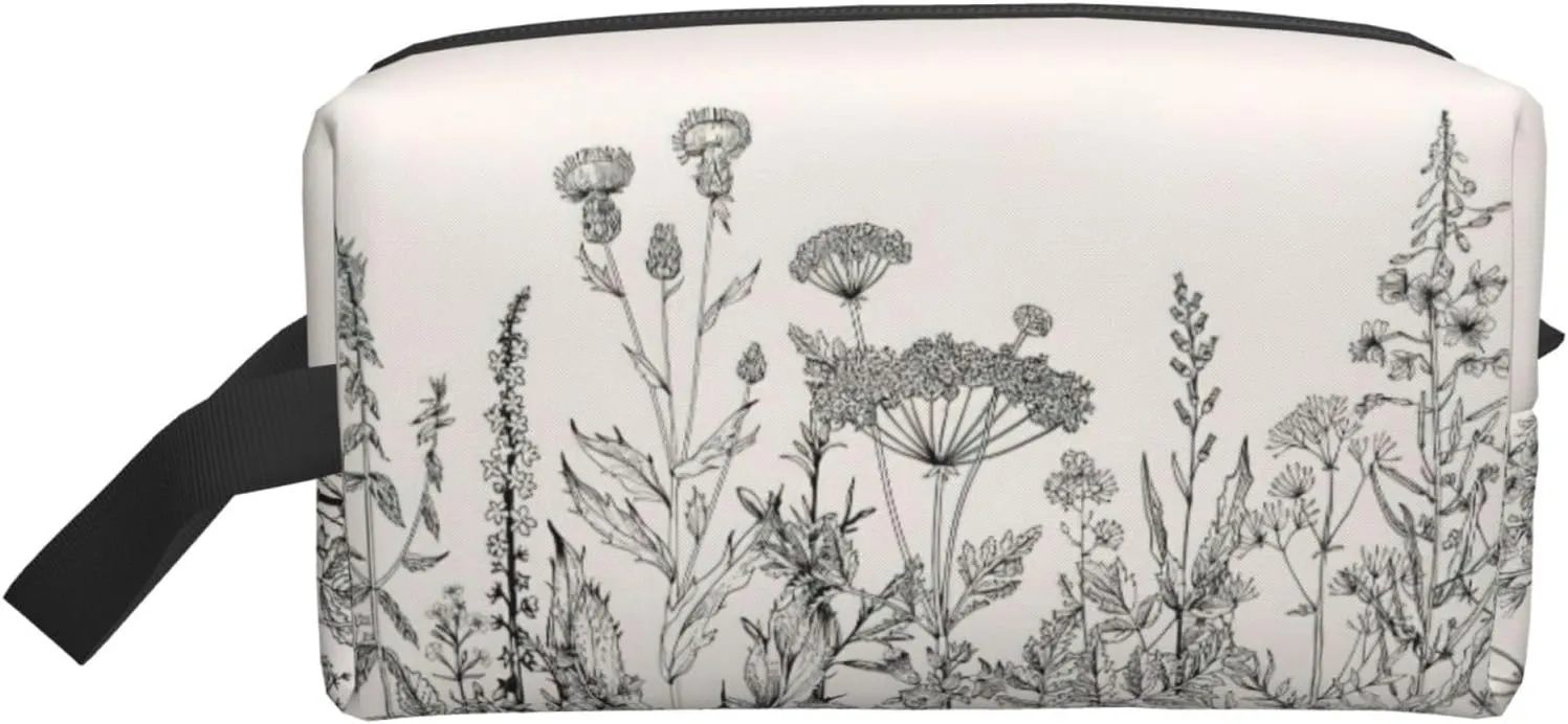 Floral Herbs Botanical Engraving Print Large Capacity Zippered Storage Bag Travel Cosmetic Organizer for Toiletries Makeup