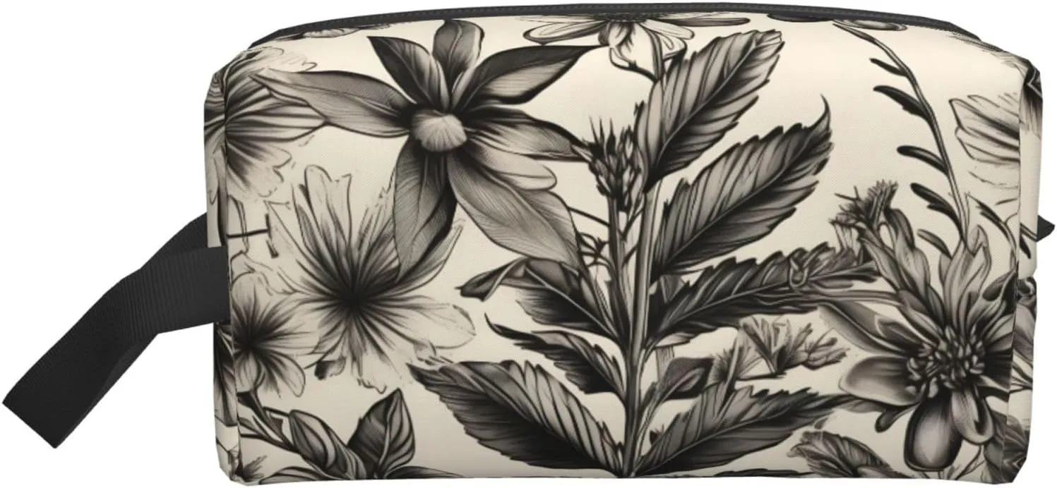 Floral Herbs Botanical Pattern Print Travel Toiletry Bag - Cosmetic Makeup Pouch for Men and Women, Portable Organizer for Daily Use