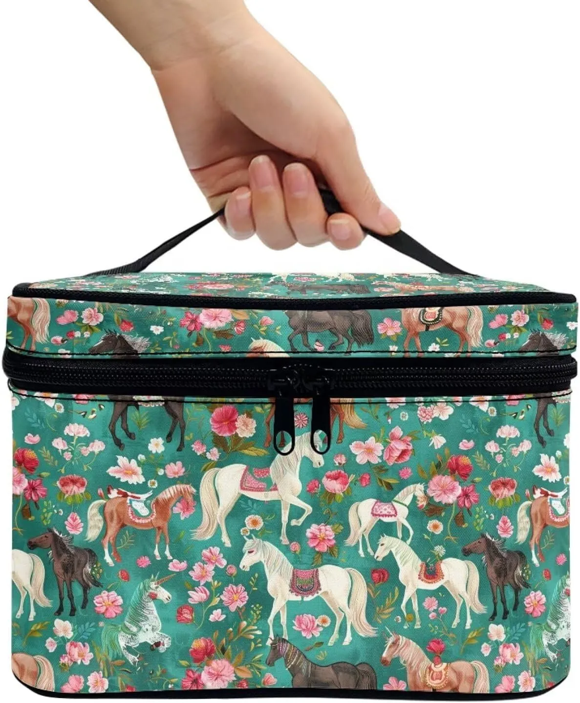 Floral Horse Makeup Tote Bag for Women Floral Makeup Bag Travel Cosmetic Tote Bag Portable Toiletry Bag Black Cosmetic Storage Bag with Handle