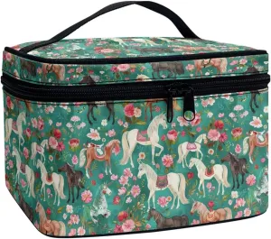 Floral Horse Makeup Tote Bag for Women Floral Makeup Bag Travel Cosmetic Tote Bag Portable Toiletry Bag Black Cosmetic Storage Bag with Handle