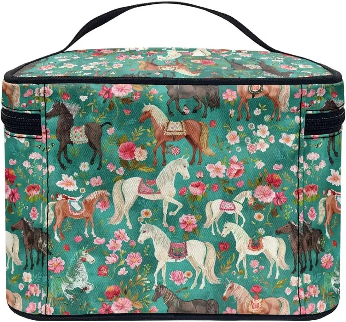 Floral Horse Makeup Tote Bag for Women Floral Makeup Bag Travel Cosmetic Tote Bag Portable Toiletry Bag Black Cosmetic Storage Bag with Handle