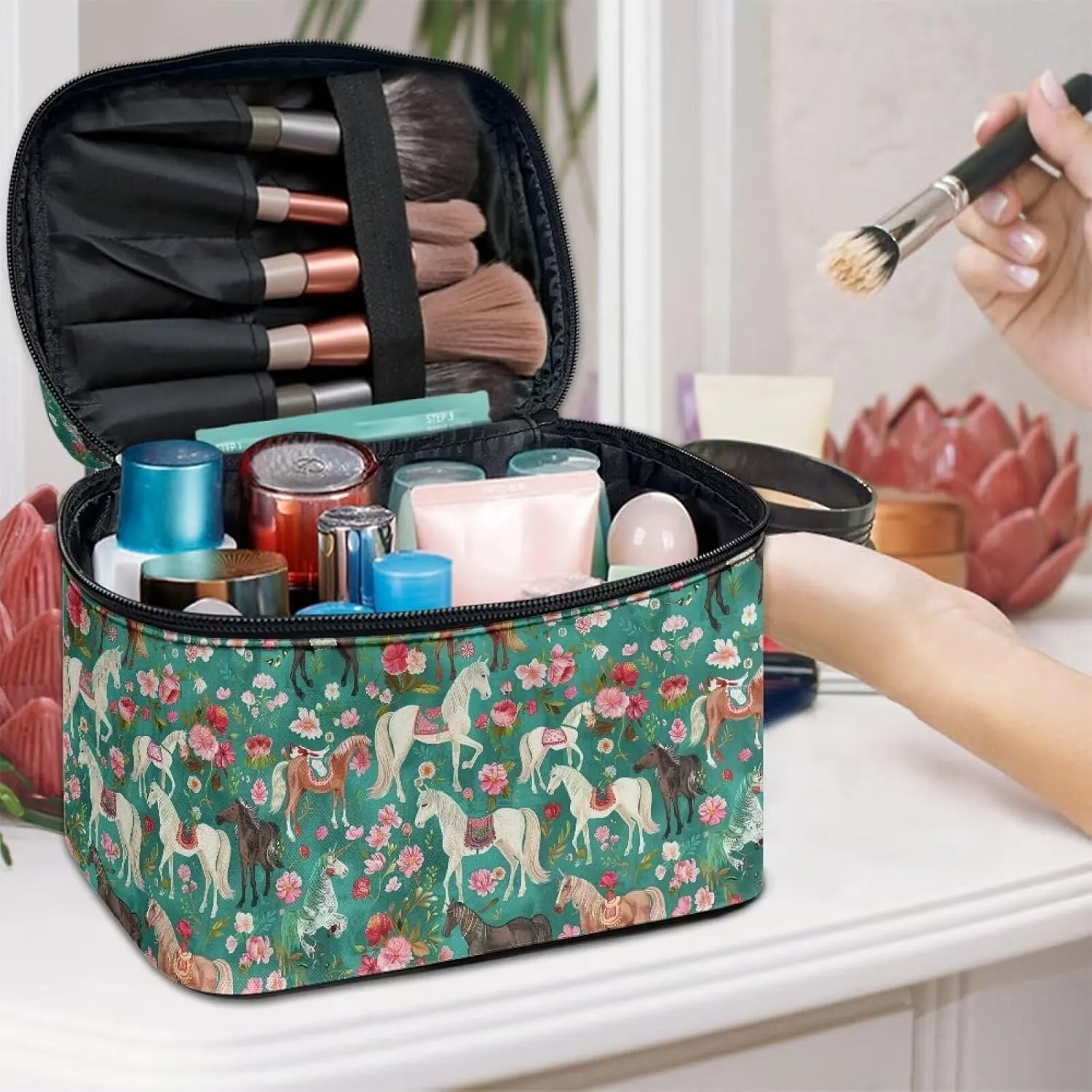 Floral Horse Makeup Tote Bag for Women Floral Makeup Bag Travel Cosmetic Tote Bag Portable Toiletry Bag Black Cosmetic Storage Bag with Handle