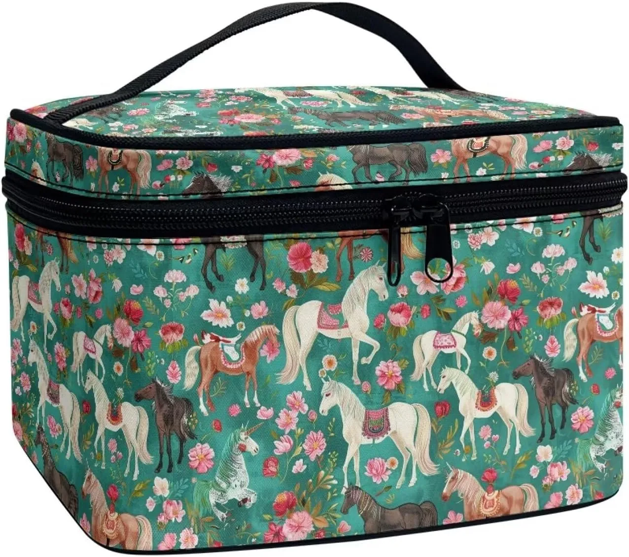 Floral Horse Makeup Tote Bag for Women Floral Makeup Bag Travel Cosmetic Tote Bag Portable Toiletry Bag Black Cosmetic Storage Bag with Handle