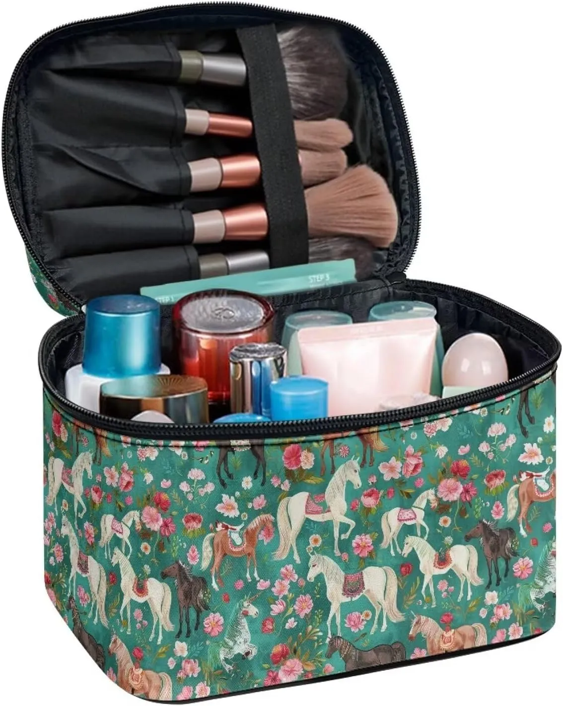 Floral Horse Makeup Tote Bag for Women Floral Makeup Bag Travel Cosmetic Tote Bag Portable Toiletry Bag Black Cosmetic Storage Bag with Handle