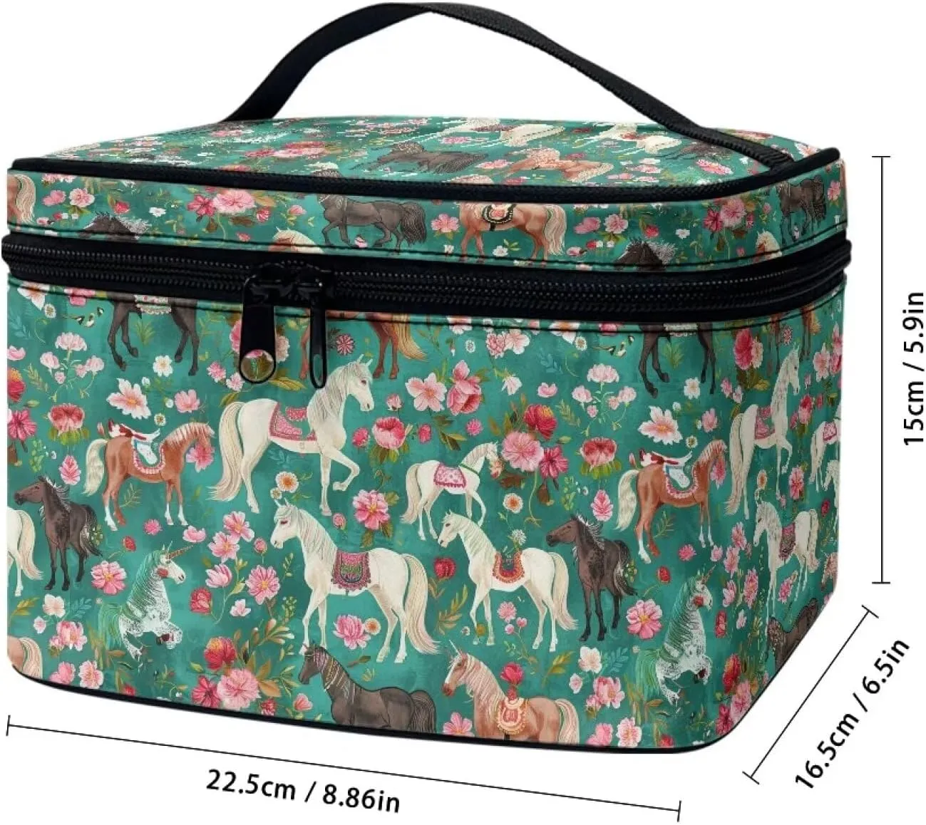 Floral Horse Makeup Tote Bag for Women Floral Makeup Bag Travel Cosmetic Tote Bag Portable Toiletry Bag Black Cosmetic Storage Bag with Handle