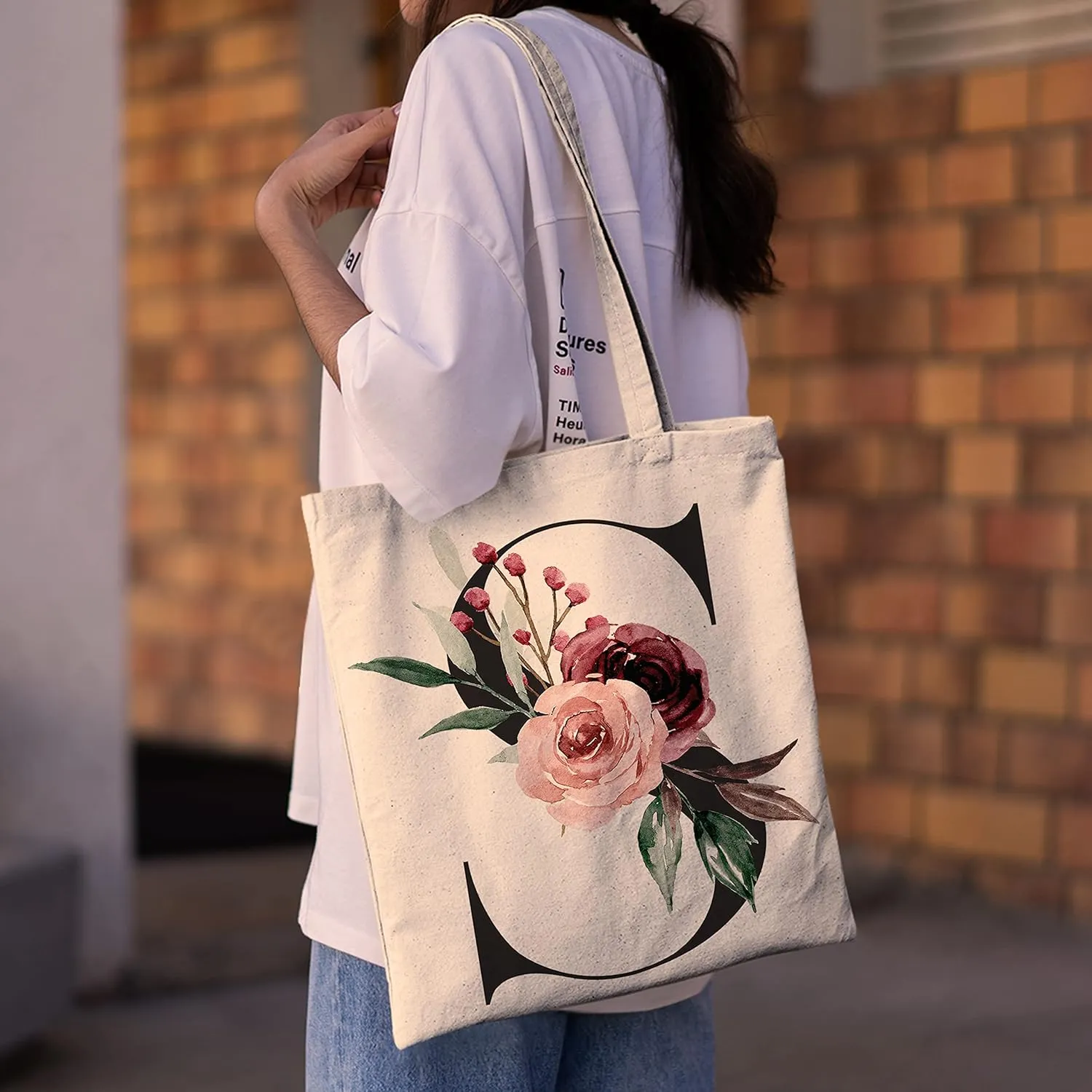 Floral Initial Tote Bag Gift for Women, Bridesmaid, Bachelorette Party, Bridal Shower