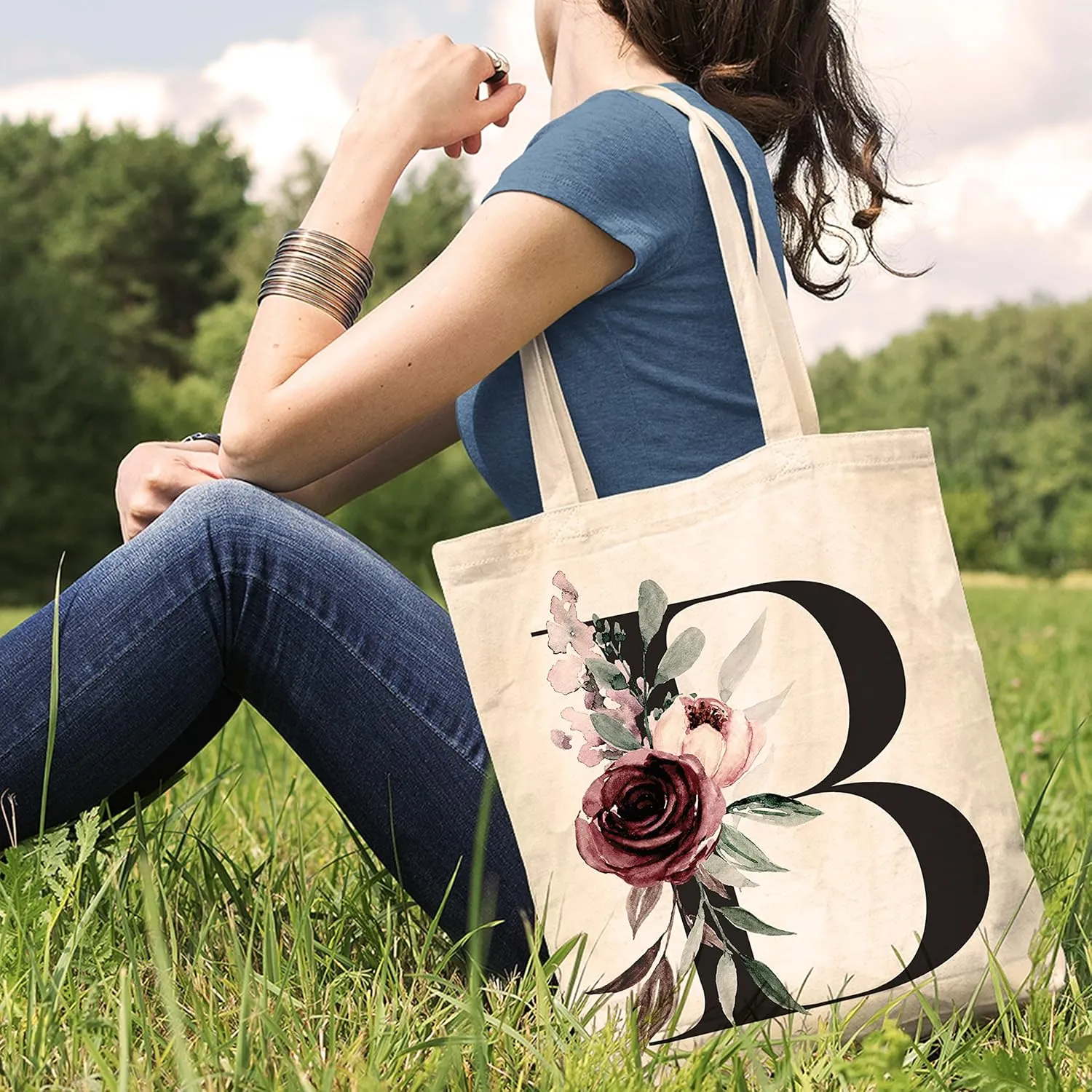 Floral Initial Tote Bag Gift for Women, Bridesmaid, Bachelorette Party, Bridal Shower